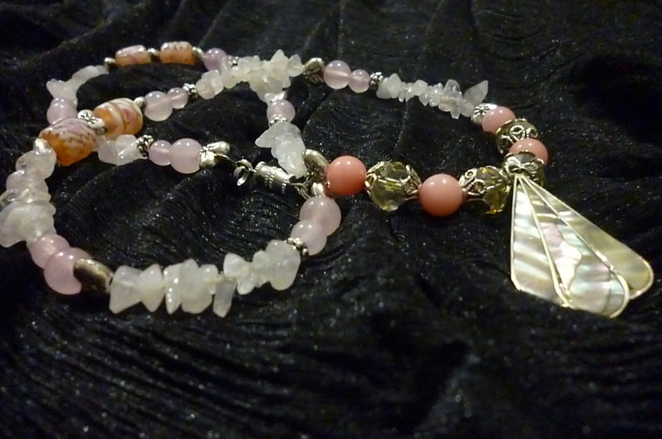 Butterfly Handcrafted Jewellery Pic 1 - Rose Quartz Necklace with Sterling Silver Mother of Pearl Pendant 75