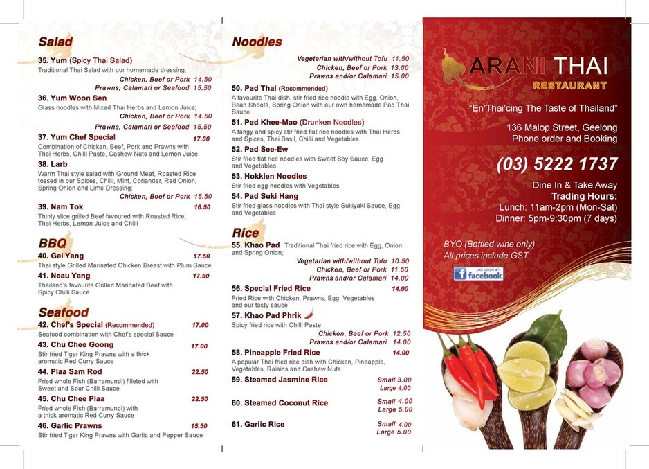 ARANI Thai Restaurant Pic 1 - TakeAway Menu Front