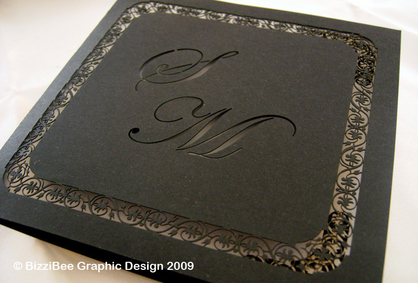 BizziBee Graphic Design Pic 1 - Lana and Michael Black and White laser cut invitation with initials