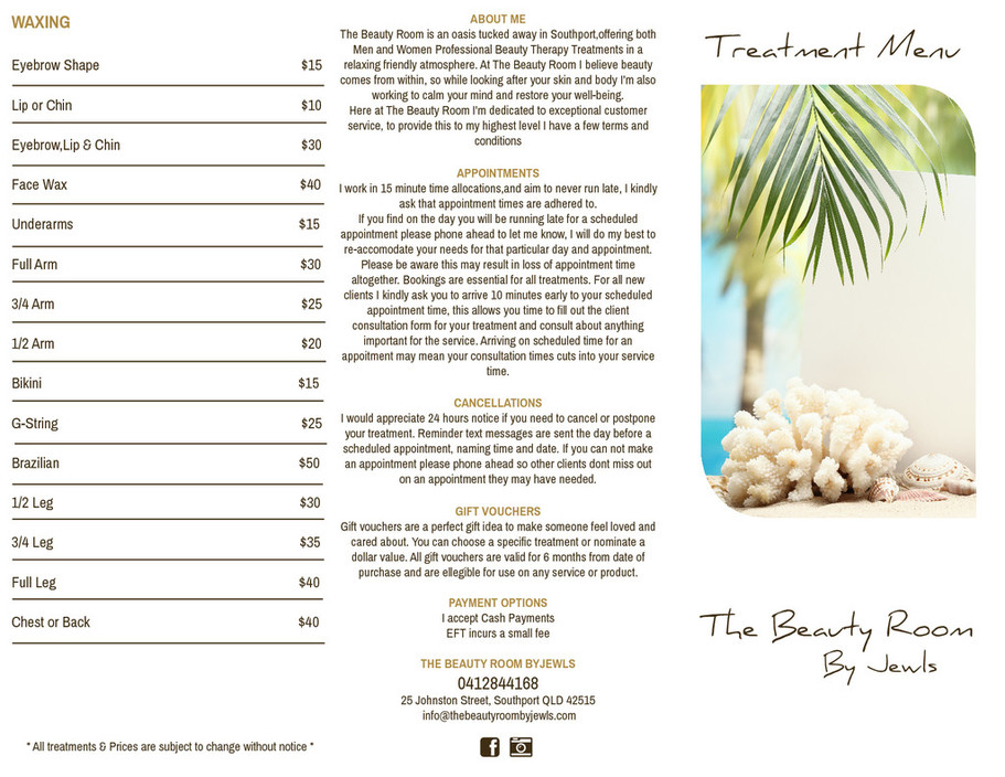 The Beauty Room By Jewls Pic 1 - Treatment Menu Side 1