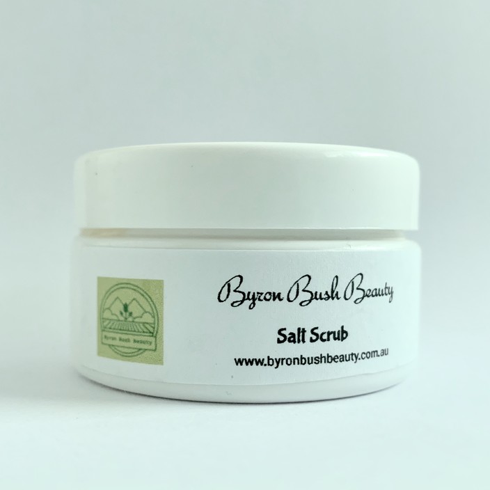 Byron Bush Beauty Pic 1 - Exfoliating Salt scrub with pure 100 vv Australian native essential oils Kunzea Lemon Myrtle and Sandalwood available in 50 100 and 250g jars