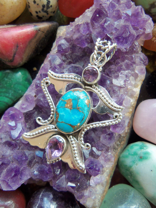 Little Flower Jewellery Australia Pic 1 - Sterling Silver Silver Turquoise and Amethyst Crystal Pendant wwwsevencrystalscomau