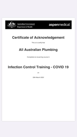 All Australian Plumbing Pic 3 - Infection Control Training Covid 19 Certification