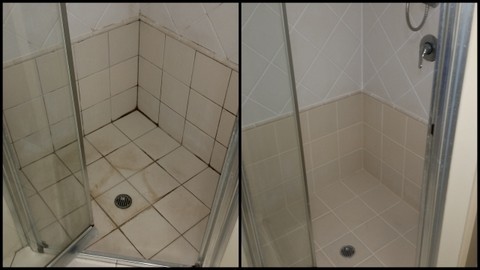 GroutPro Miranda Pic 2 - Before and after snapshots of a mouldy shower returned to its former beauty