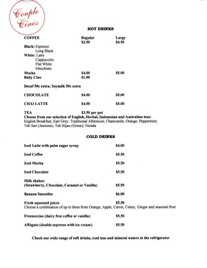 Couple Cinos Pic 2 - Our drinks menu