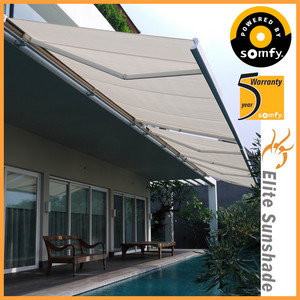 Elite Sunshade Pic 4 - Elite Sunshade Luxury full cassette awning power by Somfy motor with manual crank handle with Beige Acrylic fabric