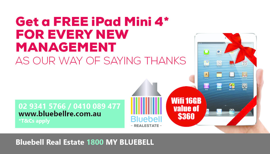 Bluebell Real Estate P/L Pic 1 - FREE Mini Ipad 4 or Landlord Insurance for every new management