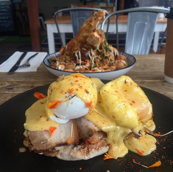 Southside Bistro Pic 2 - Brown sugar smoked pork belly with ginger and lemon hollandaise poached eggs and mild kimchi and lychee salad