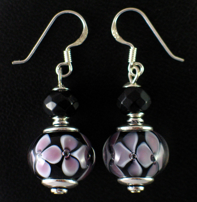 Mason Glassworks Pic 1 - handmade glass bead earrings encase amethyst flowers