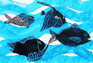 Kidz Artworx Pic 3 - Beautiful Fish Print background painted then over printed with scratchfoam plate fish design collaborative work