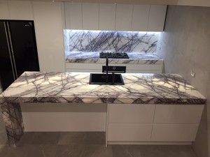 3D Kitchen & Bathroom Pic 3 - kitchen and island with marble bench top and lighting