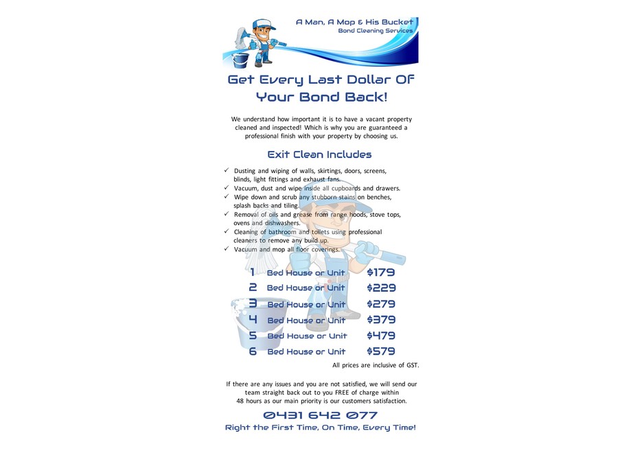 A Man, A Mop and his Bucket Bond Cleaning Pic 1 - Pricelist