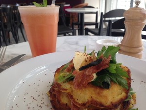 Jasmine Greens Pic 3 - sweet corn fritters with crispy prosciutto and creme fraiche at Jasmine Greens