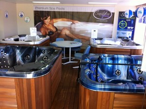 Poolside Wide Bay Pool & Spa Pic 2 - a range of Sapphire Spas on display in our Spa Showroom