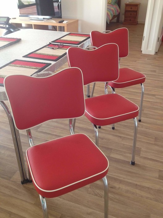 Topstitch Upholstery Pic 1 - Retro dining chairs reupholstered in red leather with contrast piping