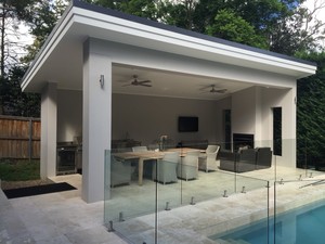 Andrew Pearce Landscape Design Pic 3 - Killara Poolside cabana outdoor dining and fireplace