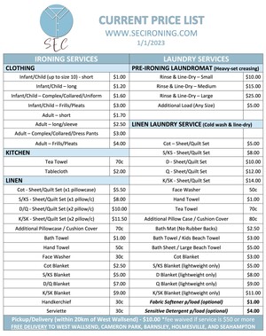 SEC (Iron & Wash) Pic 2 - Price list