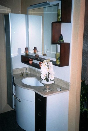 Emerald Custom Joinery Pic 5 - Curved front vanity with veneer draws and shelves and marble top