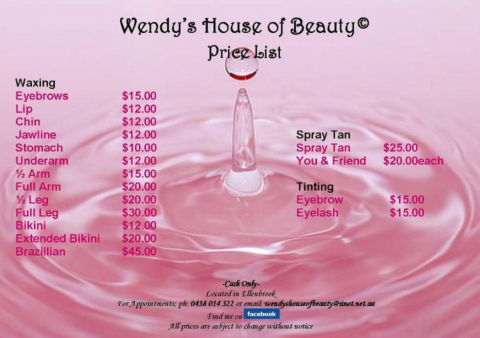 Wendy's House of Beauty Pic 1 - Price List