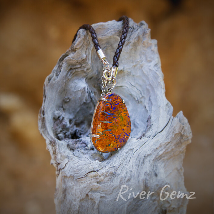 River Gemz Pic 2 - Autumnal coloured boulder opal pendant sterling silver claw setting with brown twist rope style leather necklace