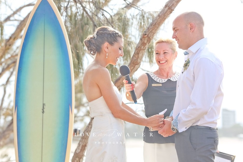 Sunshine Coast Celebrant Karen Faa Pic 1 - Wedding at Mooloolaba Spit surfboards instead of Bali Flags