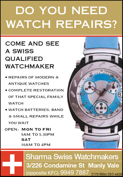 Sharma Swiss Watchmakers Pic 1 - Manly Daily advert