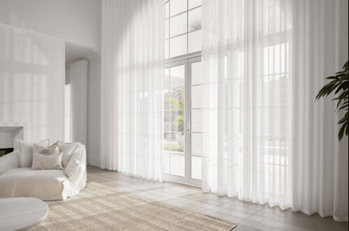 Curtains Adelaide Pic 1 - Bright modern living space featuring white sheer curtains by Betta Blinds covering large glass doors and windows made with premium fabrics