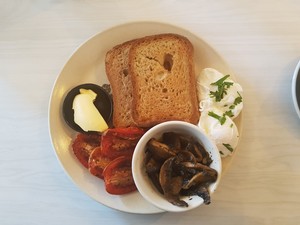 Holly Raye's Pic 4 - Poached eggs gluten free toast roasted tomatoes pesto mushromos