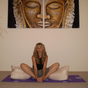 Purple Lotus Yoga Pic 3 - Leanne in modified Baddha Konasana Poses can be modified for back and knee complaints