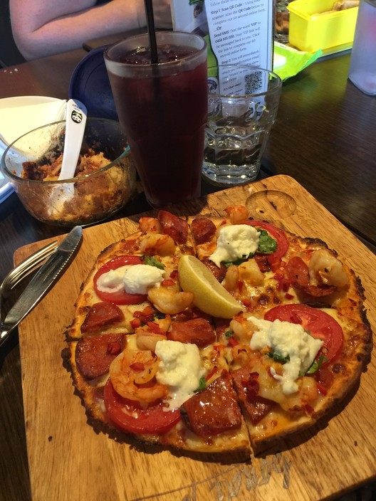 Bondi Pizza Pic 1 - Chilli prawn and chorizo 8 inch pizza Lunch special comes with a free drink for 995 How insane