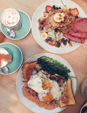 Preach Cafe Pic 3 - French toast and big breakfast eggs changed to sunny side up and two chai lattes