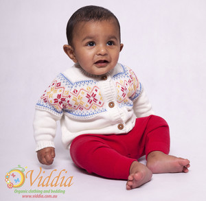 Viddia Pic 4 - Natural Cream with coloured fairisle pattern with red legging with adjustable elasticated waist