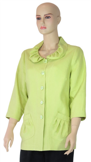 Zeega Pic 2 - Ruched Collar Linen Jacket Fully bound internal seams Machine Washable