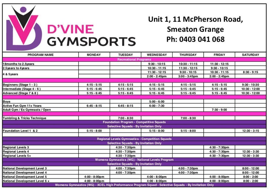 D'Vine Gymsports Pic 1 - Class Timetable Term 1 2019