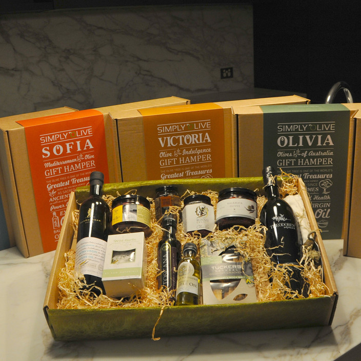 Billybox Gift Hampers Pic 1 - Our Olive Indulgence Hamper packed with Australian Olive Oils Truffle Tapenade Olives Crackers Balsamic Vinegar and more