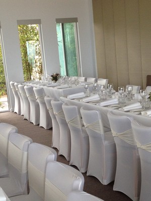 Wedding Hire Melbourne Pic 4 - Chair Cover Hire with Diamonte Lycra Bands by Wedding Hire Melbourne