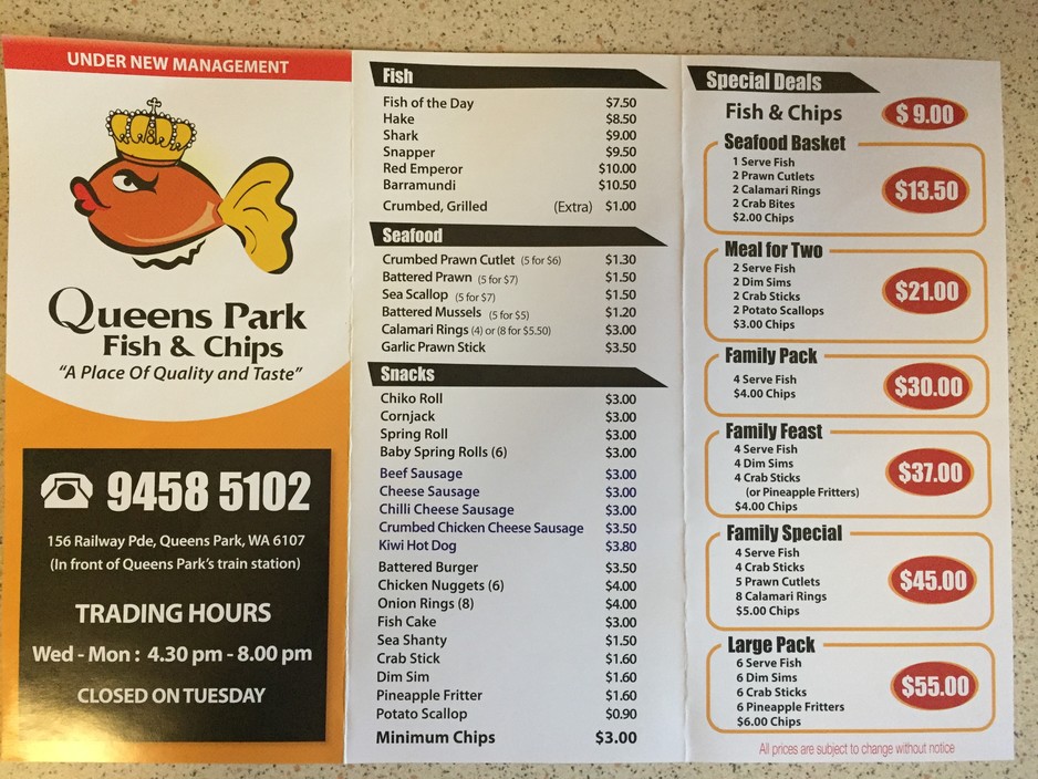 Queens Park Fish and Chips Pic 1 - Menu