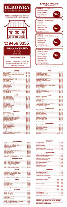 Berowra Chinese Restaurant Pic 2 - 2018 Menu