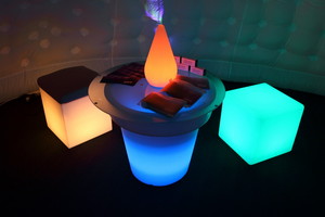 LED Glow illumination Pic 2 - Funky setting of LED cubes Plant pot converted to table and LED teardrop light creates a fun mood