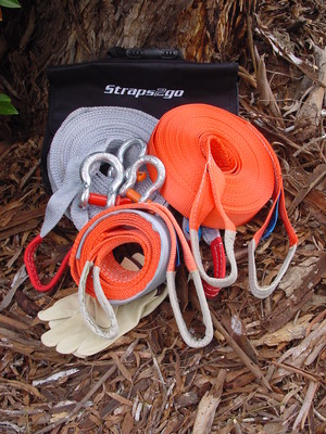 JustStraps2go Pic 2 - Straps2go complete 4x4 Recovery Kit Snatch Strap Winch Ext Strap Tree Trunk Protector Bow Shackles Gloves 4 pocket Recovery Bag