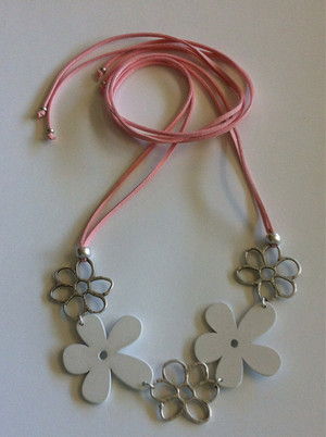 Darrell Sumpter Jewellery Pic 2 - Sterling plate wooden painted flower charms on a baby soft pink necklace