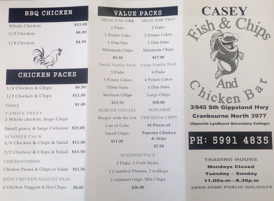 Casey fish & Chips and Chicken Bar Pic 1 - MENU