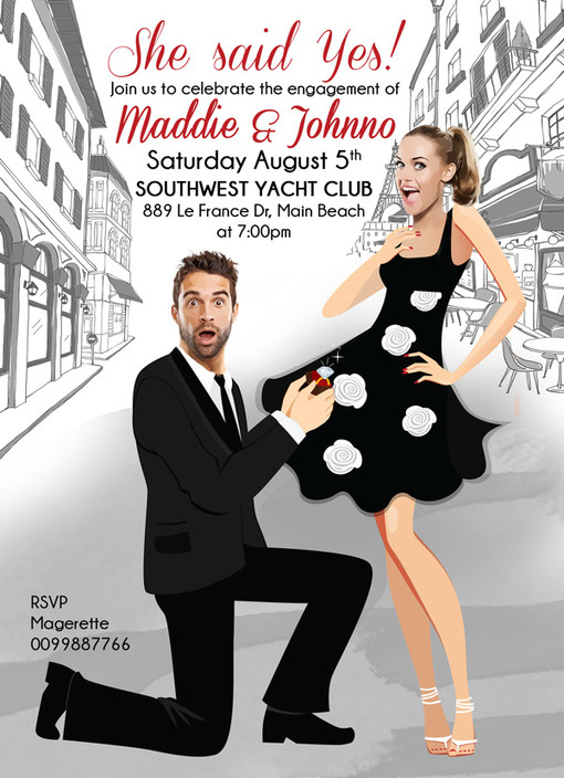 Bling and Bliss Pic 1 - SHE SAID YES Engagement invitationcaricature with YOUR Faces cropped onto the cartoon bodies