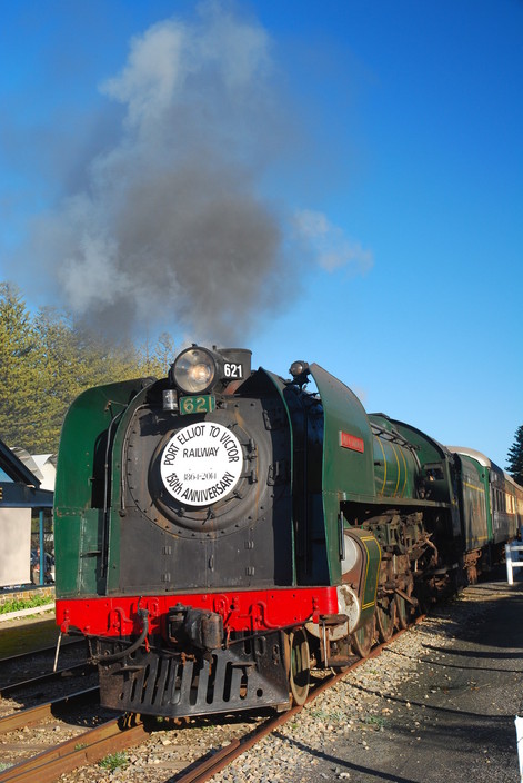 Rural Press (Country Publishing) Pic 1 - Engine 621 leaves Victor Harbor Railway Station bound for Pt Elliot marking a 150 year anniversery of the line between the two stations