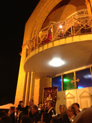 St George & Holy Mary Macedonian Orthodox Church Epping Pic 3 - Pope Luka on the balcony hard to see speaks and sings at Midnight mass for Easter