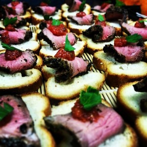 Delights Gourmet Food Pic 3 - Rare Roast Beef on Baguette Rounds Staffed Finger Food Menu