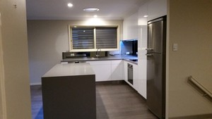 Tranne A.C.Interiors Pic 2 - 2 Pak White gloss doors Ceasarstone Sleek Concrete Benchtop and Silver mirror splashback