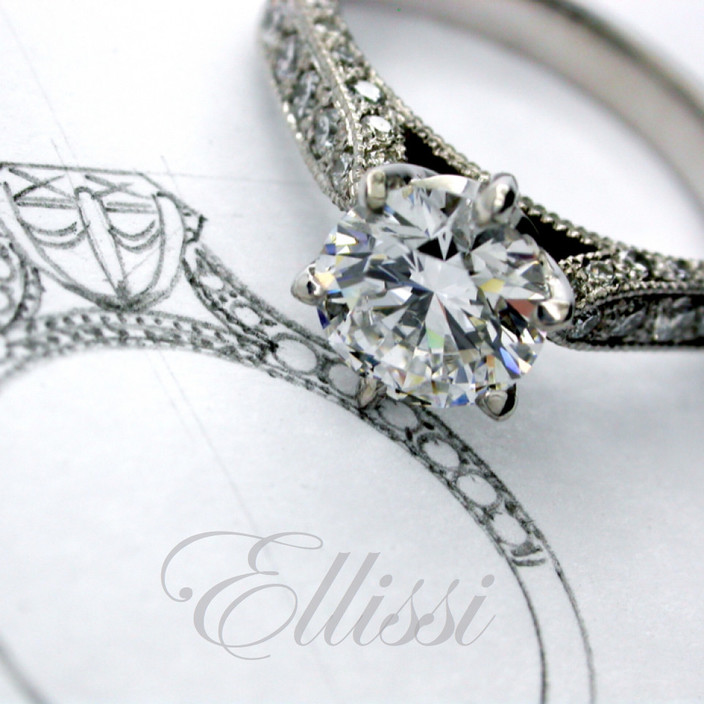 Ellissi Jewellery Pic 1 - Solitaire Round Brilliant Cut Diamond in an antique style diamond set band