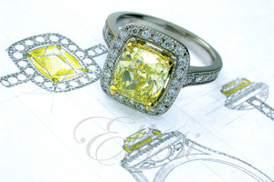 Ellissi Jewellery Pic 3 - Cushion Cut Fancy Intense Yellow diamond claw set in a halo cluster ring in 18ct white gold