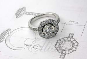 Ellissi Jewellery Pic 4 - Round Brilliant Cut Diamond bezel set in an 18ct white gold diamond set octagonal setting